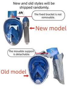 一套全脸浮潜面罩，含一副耳塞，可折叠180°全景浮潜面罩，采用最新干式顶部系统，硅胶防雾防漏，带相机支架，呼吸顺畅，适用于浮潜、自由潜水、游泳，成人浮潜装备（新旧款随机发货）