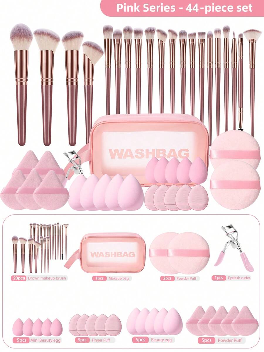 Eid Festival 44pcs/10pcs/1pc Full Set Makeup Brush Kit, Including 20 Soft Brushes Such As Powder Brush, Blush Brush, Contour Brush, Highlighter Brush, Foundation Brush, Nose Shadow Brush, Eyeshadow Brush, Eyebrow Brush, Lip Brush And Detail Brush + 1 Travel Waterproof Makeup Bag + 5 Triangular Sponges + 5 Liquid Beauty Eggs - Pink - View 1