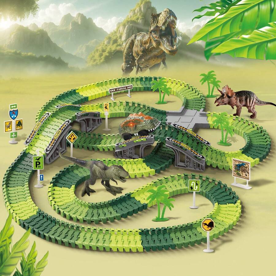 Dinosaur Toys,Create A Dinosaur World Road Race,Flexible Track Playset And 2 Pcs Cool Dinosaur Car For 3 4 5 6 Year & Up Old Boy Girls Best Gift - Green - View 1