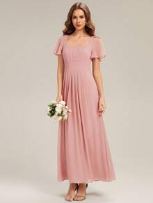 EVERPRETTY Elegant Chiffon Lantern Sleeve Pink Bridesmaid Dress Wedding Guest Gown For Wedding - Pink - View 4