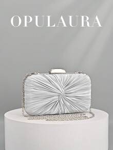 OpulAura 1件装复古优雅缎面手拿包，褶皱扭结设计，时尚晚礼服包，魅力精致的正式派对手提包，奢华盒式小包，适合派对/婚礼/正式场合晚宴，配有链条肩带，可肩背或斜挎 - 銀色 - 查看 2