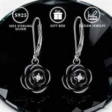 1 Pair S925 Sterling Silver Black Rose Pendant Earrings For Women, Fashion Cubic Zirconia Inlaid, Valentine's Day Gift - Silver - View 9