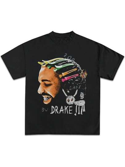 Men's Drake Artistic Graphic Tee For Men's Graphic Print Round Neck Short Sleeved Casual Pure Cotton Printing