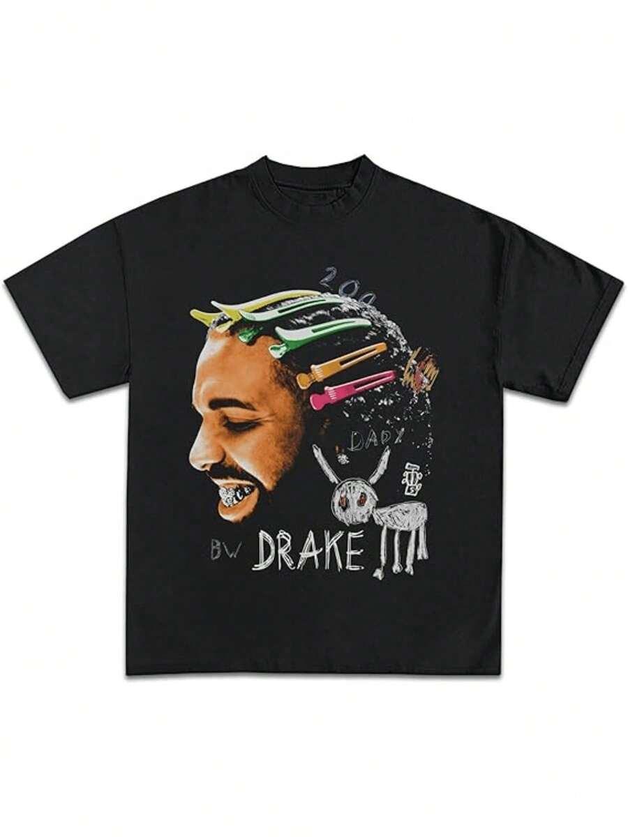 Men's Drake Artistic Graphic Tee For Men's Graphic Print Round Neck Short Sleeved Casual Pure Cotton Printing - màu đen - Xem 1