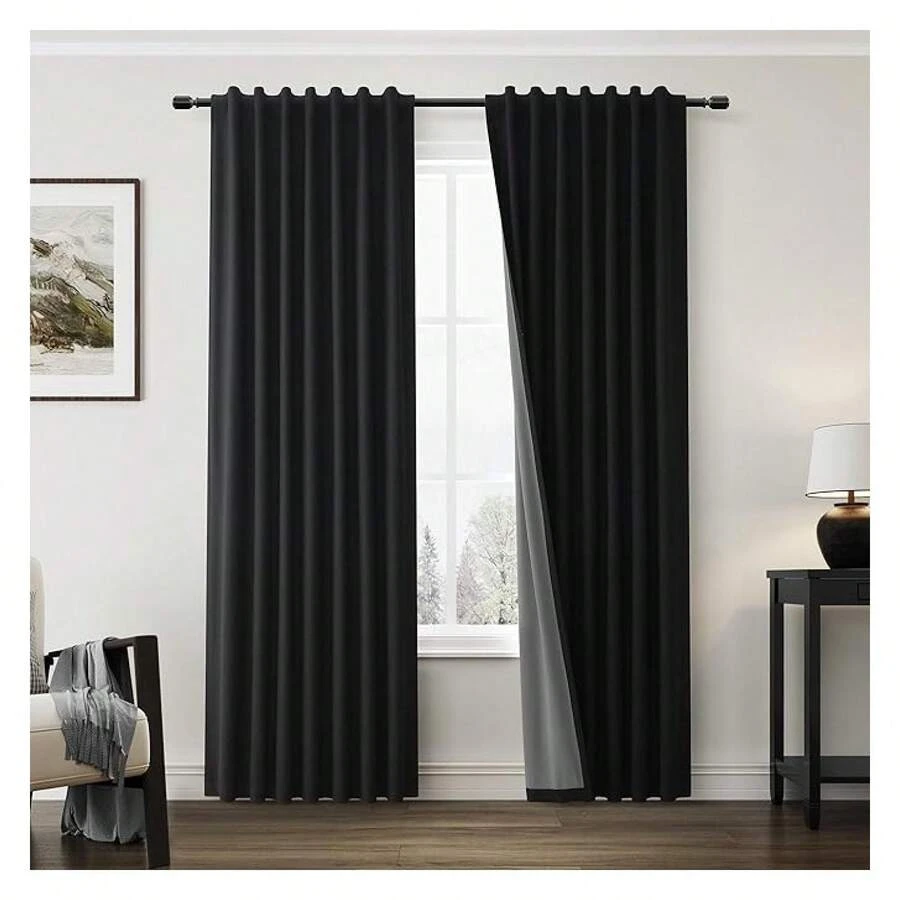 Blackout Curtains 63 Inch Length, 2 Panels - 100% Blackout Linen Thermal Insulated Curtains For Bedroom, Living Room - Dark Grey Back Tab/Hook - 如圖647 - 查看 1