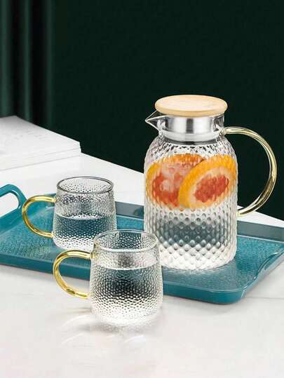 1 pieza Jarra de vidrio borosilicato de alta calidad para jugo o bebida, tapa de bambú y acero con patrón de grano de arroz, jarra de agua fría de gran capacidad, utensilio de cocina