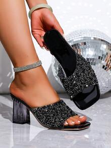 Black Square Toe Rhinestone Embellished Transparent Heel Sandals, Elegant Ladies Fashion High Heels For Spring/Summer, Suitable For Commuting - Black - View 1
