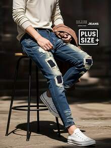 Men's Retro Denim Pants, Three-Dimensional Cut With Multiple Pockets, Heavy-Duty Washed With Hand-Rubbed Cat Whiskers Pattern, High Street Fashion Ripped Patched Distressed Design, Mid-Waist Elastic Slim Fit Straight-Leg, Suitable For All Seasons, Machine Washable Fabric, YKK Zipper Closure, Street Fashion Men's Plus Size Jeans - 海藍色 - 查看 9