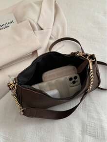 New Fashion Classic Versatile PU Waterproof Fabric M Letter Pattern Shoulder Bag, Printed Design Metal Chain Decoration Design French Baguette Bag, Women's Shoulder Bag Suitable For Shopping. Commuting, Travel Use - 咖啡 - 查看 8