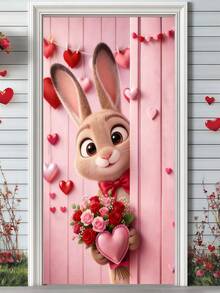 1件情人节泰迪熊心形花环 - 浪漫爱情主题花环，泰迪熊手捧玫瑰花束，饰以心形图案，情人节前门装饰，节日家居装饰，情人节墙面装饰礼物及家居装饰 - 彩色 - 查看 5