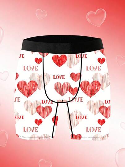 1 Pack Of Playful And Cute Home-Use Casual Men's Boxer Shorts, Heart-Shaped Love Letter Print Boxer Pants, Valentine's Day Creative Print Shorts, Knitted Fabric, Breathable And Sweat-Wicking, Soft And Skin-Friendly, Perfect Gift For Boyfriend On Valentine's Day, Novelty Men's Shorts.