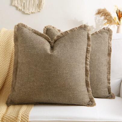 1 pieza Funda de cojín con flecos de textura de lino sintético tejido, estilo nórdico de unicolor cuadrado para cojín de sofá, cojín tejido de granja, cojín decorativo para sofá de sala de estar, cojín suave para muebles, cojín decorativo para cabecera de dormitorio, almohadilla suave decorativa de estilo vintage, color marrón grisáceo