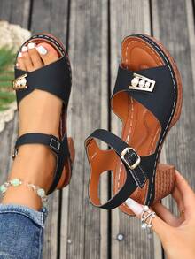 1 Pair Women's Solid Color New Style Wedge Heel Open Toe Sandals, Fashion Rhinestone Decor Slip-On Sandals Versatile For Dresses - Black - View 5