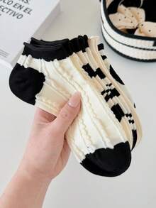 5 Pairs Women's Black & White Striped Polka Dot Ankle Socks, Girls' Breathable Moisture-Wicking Low-Cut Socks For Spring & Summer - Black and White - View 7