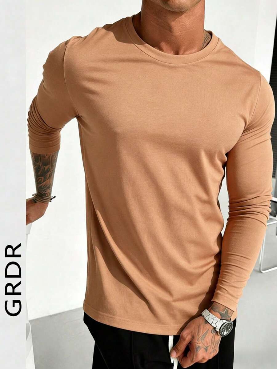 GRDR 男士休闲圆领长袖T恤，适合休闲、运动和通勤穿着。