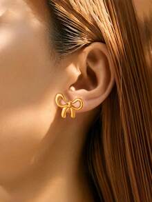 2pcs Minimalist Bow Stud Earrings, Sweet & Cute Pierced Jewelry, Suitable As Party Gifts - Gold - View 3