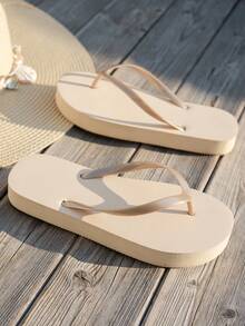 女士休闲厚底人字拖，舒适软底室内拖鞋，适合沙滩、游泳、户外活动 - 卡其色 - 查看 5