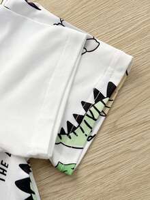 Set 4pcs Kaos Lengan Pendek Leher Bulat Motif Dinosaurus dan Celana Pendek Kasual Pinggang Elastis untuk Anak Laki-laki, Cocok untuk Musim Semi/Panas - Khaki - View 4