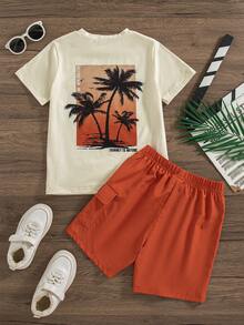 2pcs/Set Boys' Casual Printed Short Sleeve Top And Shorts Set, Summer Outfit - Red - View 2