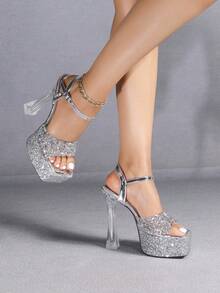 时尚汽车模特、酒店夜总会、细高跟鞋、透明水晶女鞋、T台走秀、钢管舞鞋、不对称厚跟拖鞋 - 銀色 - 查看 3