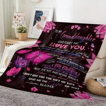 1pc Granddaughter Love Message With Pink Butterflies Pattern Printed Blanket A Warm Flannel Blanket Perfect For Gifts To Parents On Any Occasion. - 白色 - 查看 2