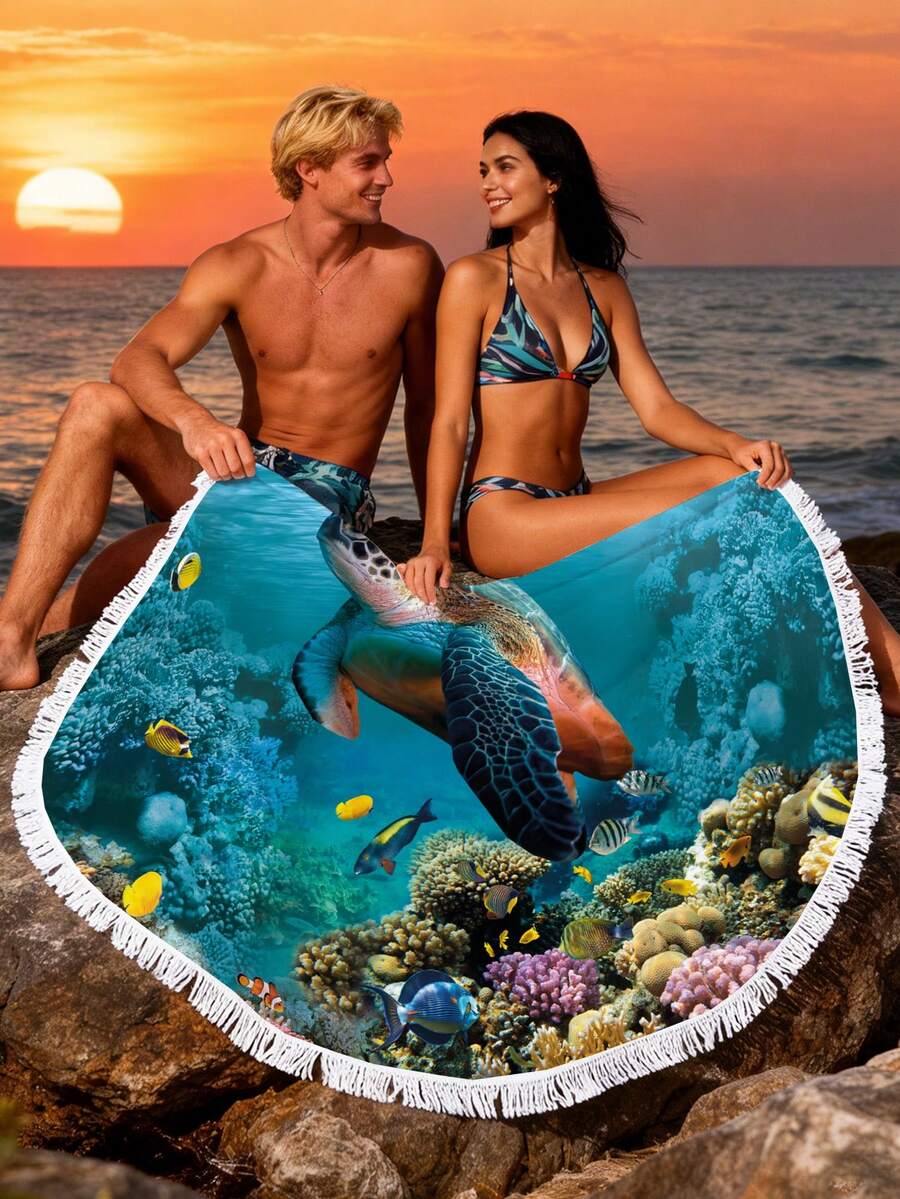 1 pieza Toalla de playa redonda de la serie Océano, súper suave de microfibra, de secado rápido y muy absorbente, 250 g/m², con estampado de tortuga marina, ligera y suave, esterilla de playa de secado rápido, esterilla de yoga, chal de sol, 150*150 cm, adecuada para playa, piscina, viaje, camping, yoga, gimnasio, deportes, natación y talla grande. - Multicolor - Ver 1