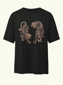 Vintage Tiger Print T-Shirt,Women's Loose Fit Crew Neck Short Sleeve Casual Tiger Design Shirt Graphic Tees Women Tops Black - Black - View 3