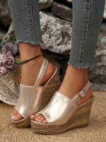 Nouvelles sandales à plateforme à texture d'arbre avec talon compensé et bout ouvert, sandales en corde de lin pour femmes au quotidien, chaussures à talon épais avec bout ouvert - Doré - Voir 5