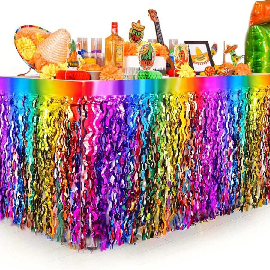 Carnival Party Decorations Colorful Streamers/Decorative Tinsel Curtain, Shiny Rainbow Table Skirt, Themed Decor Tassel, Shiny Rainbow Metallic Foil Tassel Table Skirt - Ideal For Birthday, Wedding, Easy To Peel And Stick - Rain Curtains In Multiple Colors - View 1