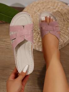 宽楦加大码 36-43 夏季新款时尚休闲粉色绒面厚底凉鞋，轻便舒适百搭女士坡跟凉鞋 - 粉紅色磨砂 - 查看 2