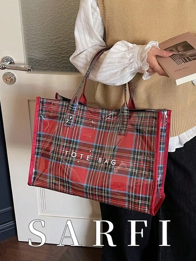 Fashionable New Autumn/Winter Burgundy Plaid Women's Tote Bag; High-End Minimalist Letter Print Shoulder Bag, Stylish And Individual Urban Commuter Style Tote Bag, Suitable For College Students Shopping And Commuting, Lightweight And Large Capacity Storage Commuter Bag, Magnetic Snap Closure Practical And Multi-Functional Shoulder Bag
