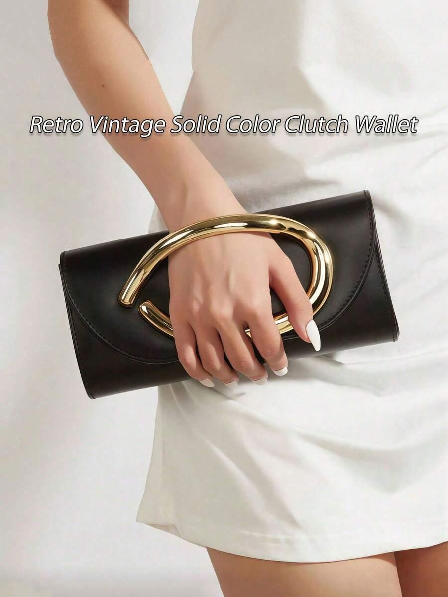 Retro Vintage Solid Color Clutch Wallet, All-Match Carry On Purse, Stylish PU Bag For Women, And For Wedding, Party, Prom, Dinner, Fashionable Clutch Bags For Woman - 黑色 - 查看 1