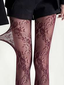 波尔多蕾丝花纹薄丝袜——复古风吸睛单品 - 酒紅色 - 查看 3