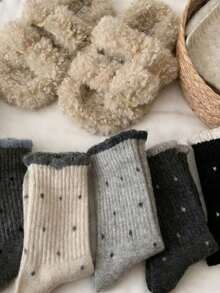 1/3/5双装女士波浪圆点羊毛袜，中筒袜，加厚保暖灰色碎花图案袜，冬季长筒袜