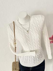 PUMPKIN 女士秋冬圆领修身麻花针织毛衣 - 适合通勤、休闲、甜美、学院风、情人节派对及其他场合 - 白色 - 查看 5