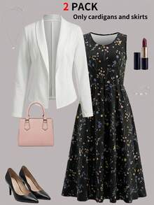 2pcs Women's Printed Dress Set, Including Jacket, Sleeveless Round Neck, Flowy Mid-Length Dress, Minimalist Design, Summer - Multicolor - View 4