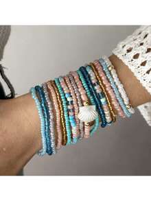 Bộ 17 vòng tay đính hạt nhựa và vỏ sò màu hồng phong cách Bohemian dành cho nữ. - Hồng - Xem 3