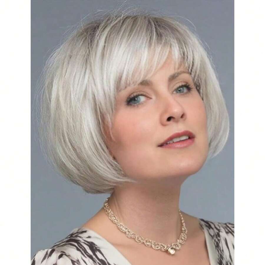 Short White Blonde Bob Wig With Bangs For White Women Ombre Blonde Layered Straight Synthetic Hair Wig With Dark Roots Natural Chin Length Bob Wigs For Daily Party Use(10 Inch),38547122 - 漸層 - 查看 1