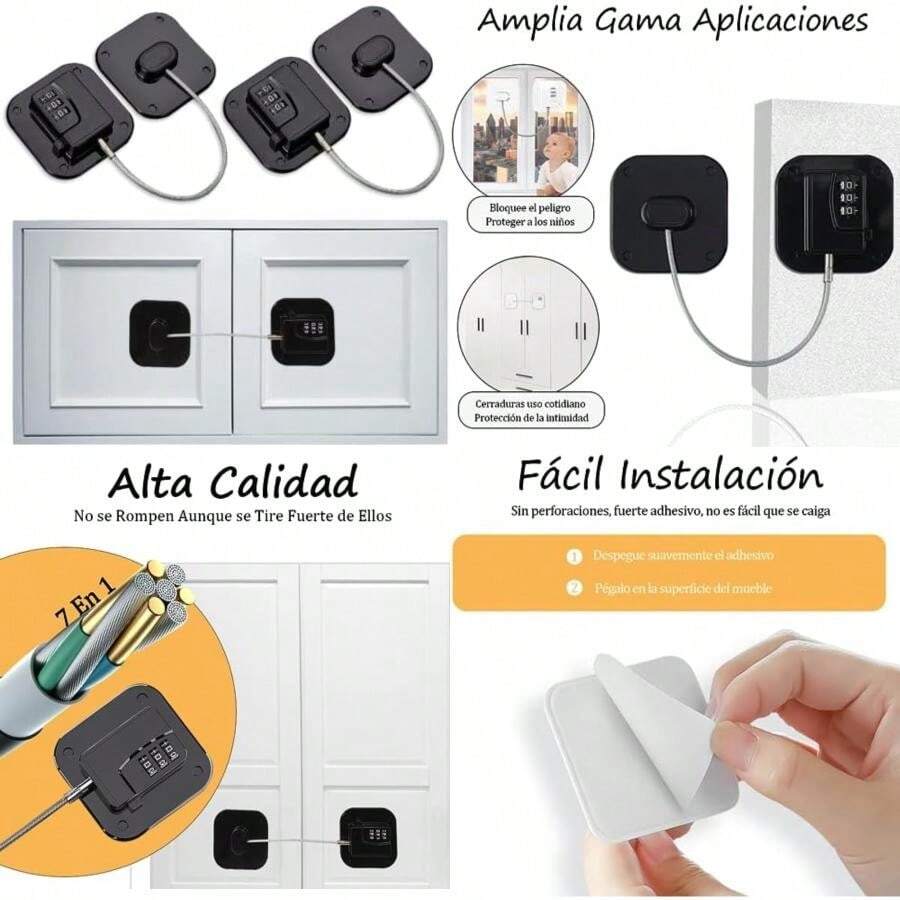 Cerraduras para Puerta de Refrigerador, 2 Cerraduras de Combinación de  para Niños, La cerradura de Combinación es Fácil de Abrir y Cerrar y los Niños no Pueden Romperla, Adecuado para Ventanas, Armarios, Frigoríficos()(Negro) - Multicolor - Ver 1