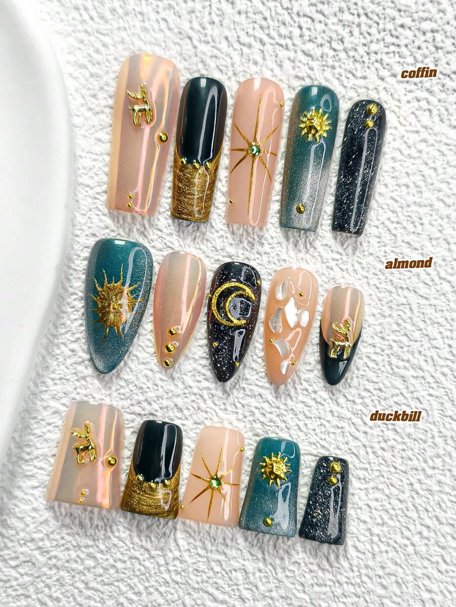 10Pcs Starry Sky Style Handmade Press On Nail,Polygel Nail Set,Hand Painted Sun,Shell,Moon,Deer,Dark Green And Black Nail Polish,Ramadan Style,Includes Nail Tools,3 Sizes Available,Almond,Duck,Coffin Nails For Party,Dance,Daily Wear. - 彩色 - 查看 1