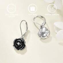 1 Pair S925 Sterling Silver Black Rose Pendant Earrings For Women, Fashion Cubic Zirconia Inlaid, Valentine's Day Gift - Silver - View 6