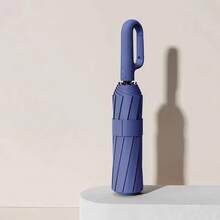 1 pieza Paraguas plegable automático, tela de poliéster a prueba de viento con resorte, mango personalizado con gancho, apertura/cierre con un solo botón, unisex