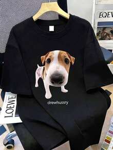 德鲁可爱小狗印花宽松短袖T恤 女士休闲情侣上衣 - 黑色 - 查看 1