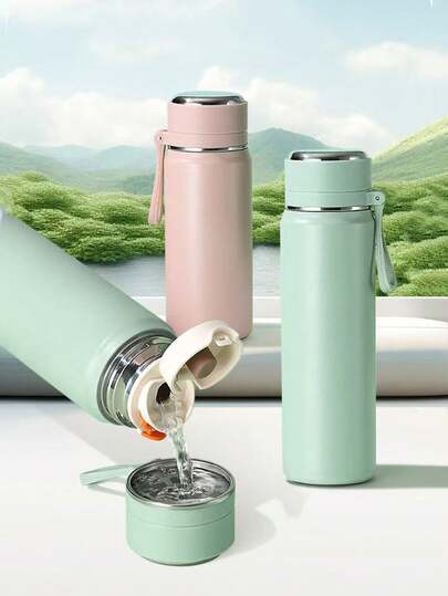 1pc Stainless Steel Cup With Strainer, Minimalist Design, Large Capacity, Portable With Handle, Suitable For Tea And Water