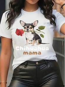 T-shirt graphique décontracté pour femmes "Chihuahua Mama", adorable chien avec impression de rose, col rond, manches courtes, pour les amateurs d'animaux de compagnie - Blanc - Voir 6