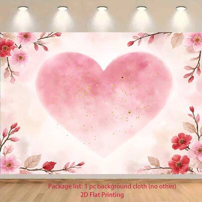 1pc 2D Flat Banner | Pink Floral Heart, Delicate Petals, UV Printed - Multipurpose Background Backdrop Banner, Suitable For Wedding, Birthday, Anniversary, Graduation, Christmas, New Year, Valentine's Day, General Holidays