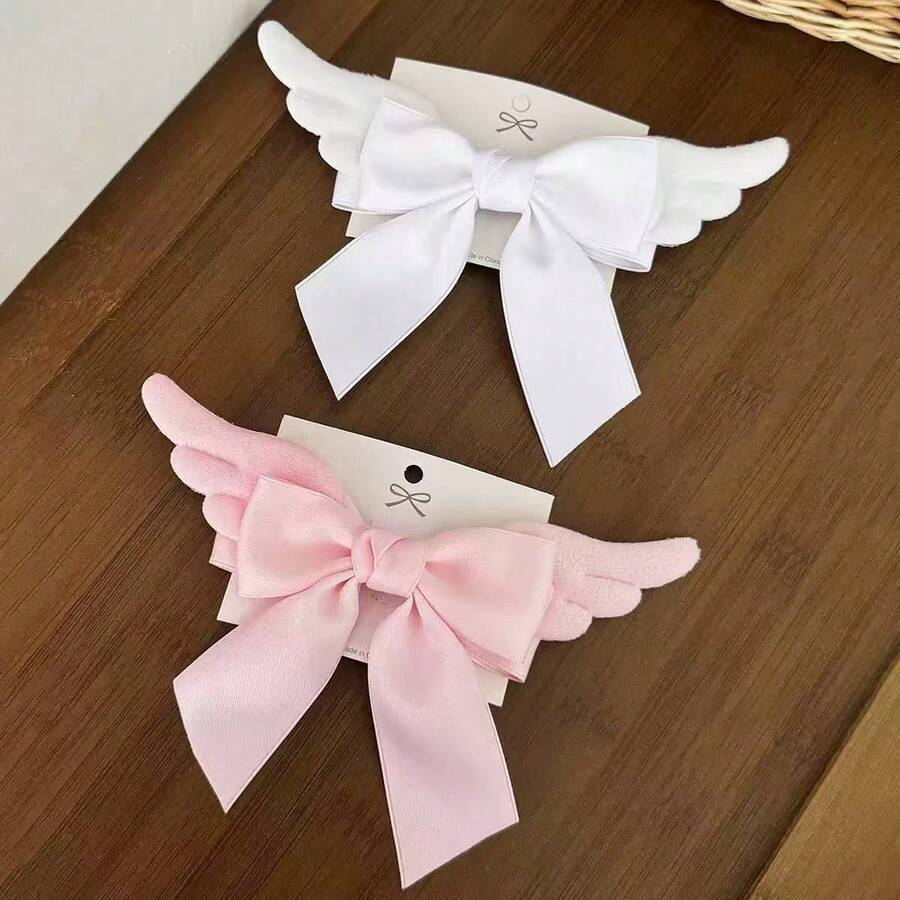 2pcs Pink + White Cute Plush Bowknot Hair Clips, Lolita Hairpin, Sweet Soft Girl Headwear, Gift For New Year, Valentine's Day, Birthday - Multicolor - View 1