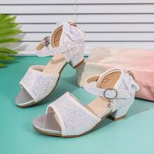 1 đôi sandal hở mũi kiểu công chúa cho trẻ em, đính đá lấp lánh, gót dày. - Bạc - Xem 6