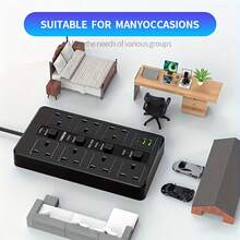 10 In One Power Strip Lightning Protection Device, Compact Design, 3250W 13A AC Socket, Including 7 AC Sockets And 3 USB Ports, With 4 Independent Switches, Portable British Standard Plug, Suitable For Home, Kitchen, Office Or Hotel Use - Ver 3