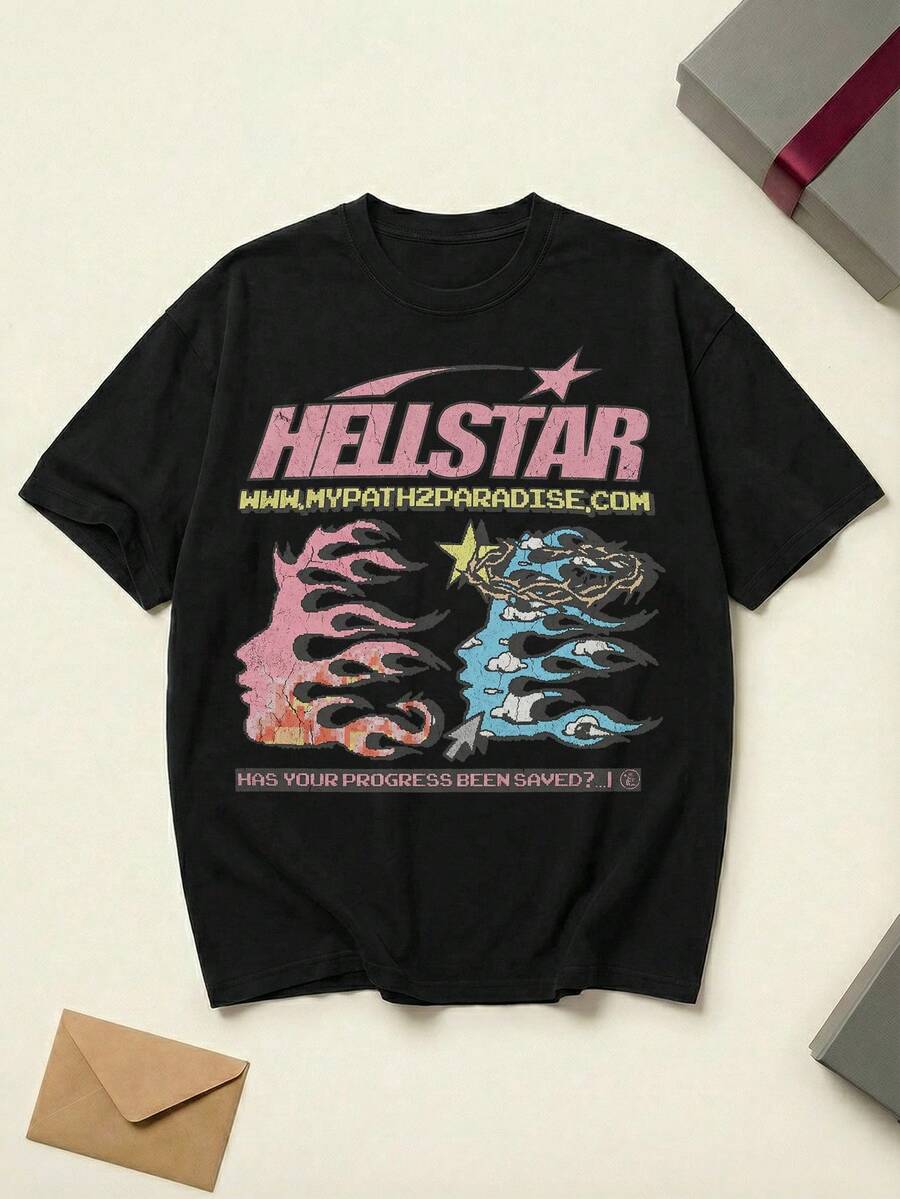 Hell Star Pixel T-Shirt Pixel Art Flame Profile Graphic Tee Cotton Unisex Couple Matching Boyfriend Style Hell Star Retro Gaming Aesthetic My Path To Paradise Text Y2K Streetwear Summer Outfits Graphic Tees Men Oversized T Shirt - 黑色 - 查看 1